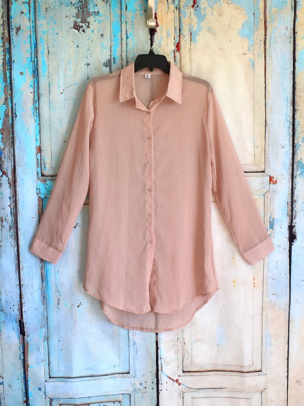 Women's Fashion Apparel Sheer Button Front Blouse Long-Sleeve 2XLARGE Pink